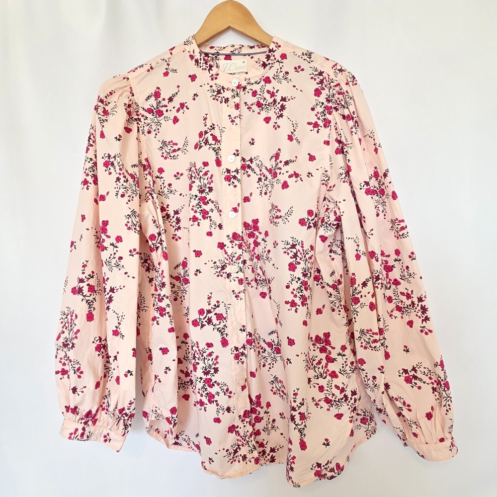 J Crew Classic Collarless Puff Sleeve Shirt Womens 16 Budding Floral Pink - Picture 2 of 16